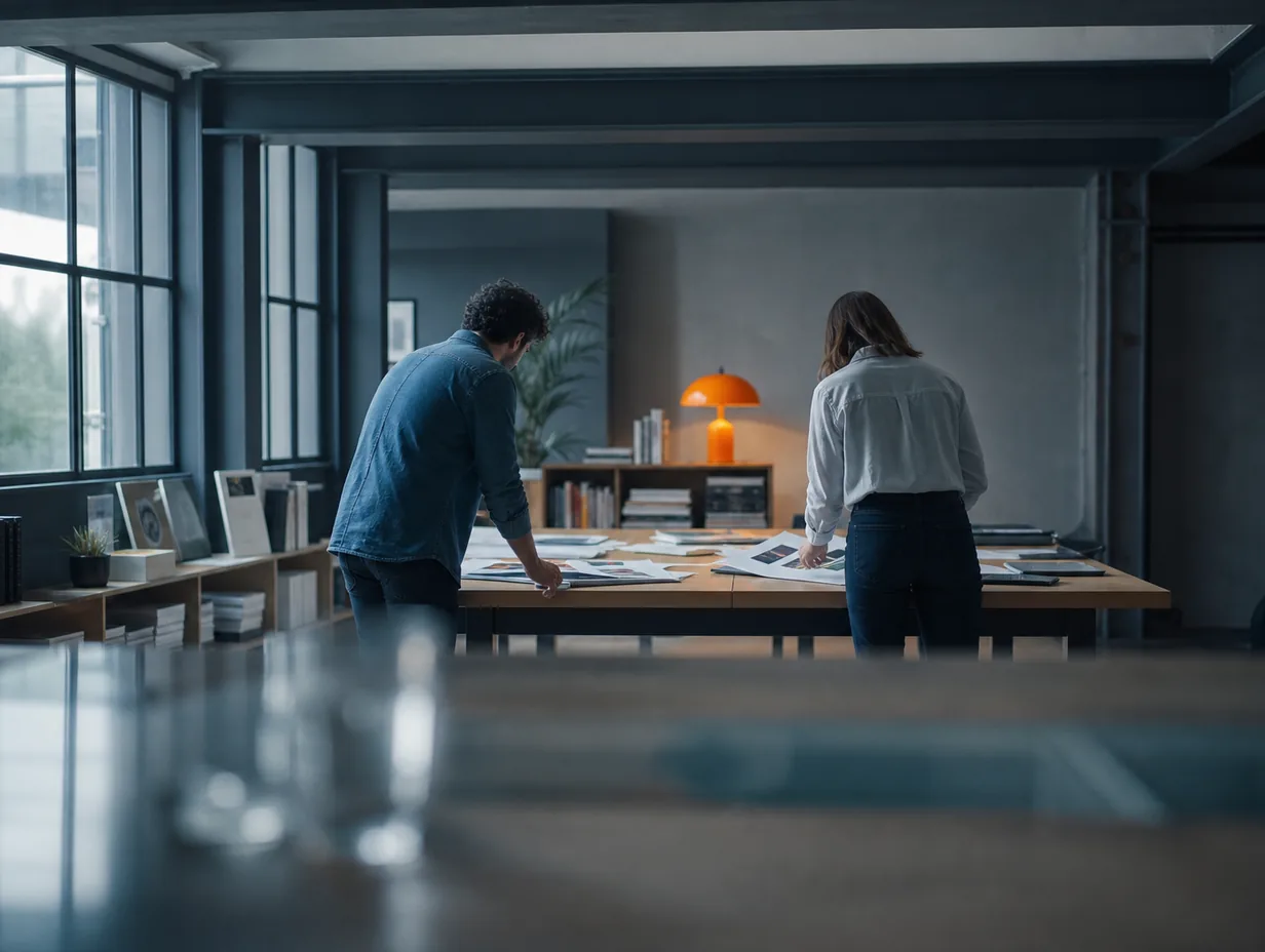 Lo studio Dogma23 al lavoro attorno al tavolo delle bozze